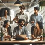 Un grupo multicultural de jóvenes emprendedores colaborando en una sala de coworking con plantas y luz natural.