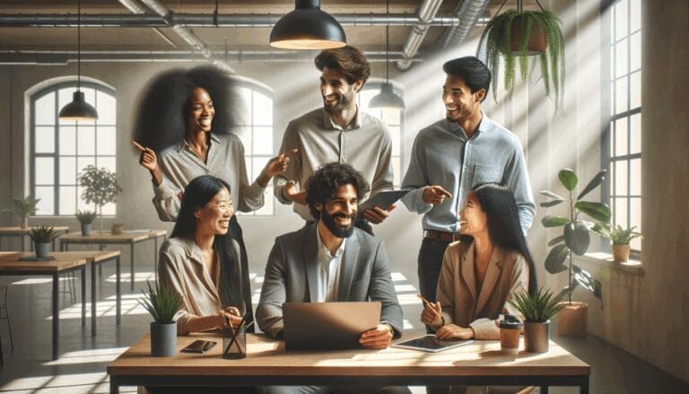 Un grupo multicultural de jóvenes emprendedores colaborando en una sala de coworking con plantas y luz natural.