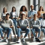 Jóvenes reunidos trabajando en laptops en un espacio moderno y colaborativo, con fondo desenfocado.