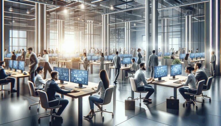 Espacio tecnológico moderno lleno de emprendedores interactuando junto a exhibidores digitales.