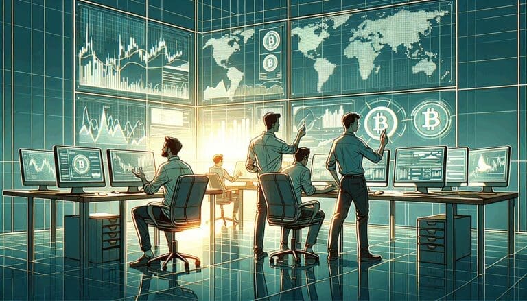 Ilustración digital de emprendedores analizando gráficos de criptomonedas en una oficina tecnológica moderna.