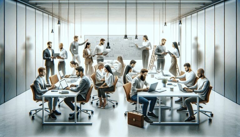 Emprendedores colaborando en un coworking tecnológico moderno, con pizarras y laptops