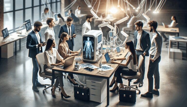 Equipo joven de emprendedores en un espacio de coworking con dispositivos médicos y laptops, ambiente de innovación.