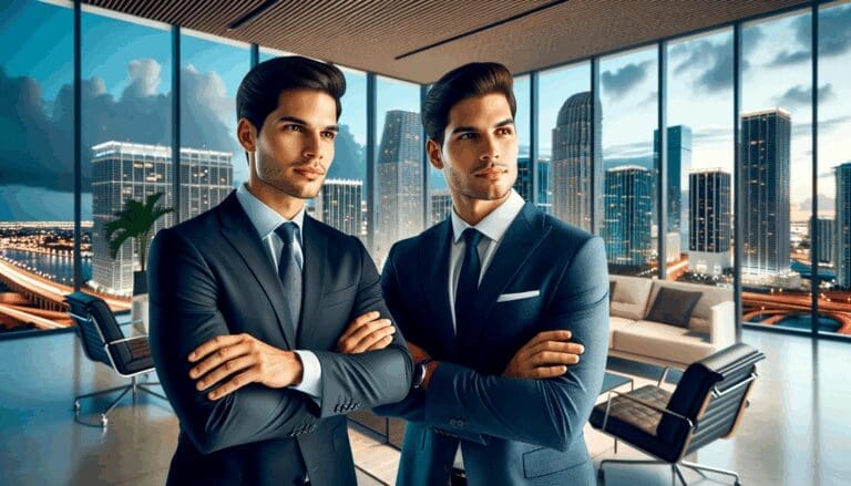 Dos empresarios latinos trabajando en un entorno de oficina moderna con vista a la ciudad de Miami