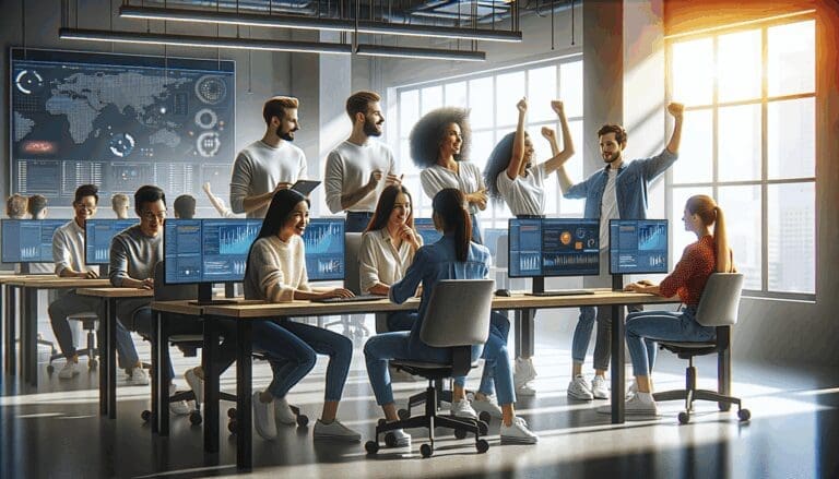 Jóvenes profesionales colaboran frente a computadoras en una oficina tecnológica moderna, ambiente vibrante y diverso.