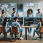 Jóvenes programadores colaborando en una oficina moderna con pantallas mostrando códigos y gráficos de inteligencia artificial.