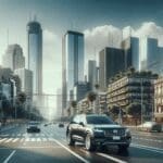 Fotografía editorial de un auto moderno circulando en una avenida de ciudad latinoamericana con edificios contemporáneos al fondo.