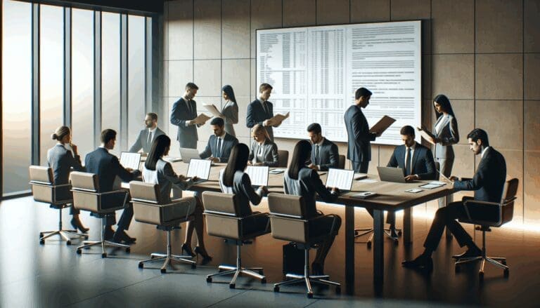 Plano medio de una sala de juntas moderna, personas analizando documentos legales y laptops.