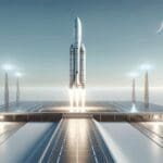 Lanzamiento de un cohete moderno en una plataforma tecnológica bajo cielos despejados.