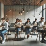 Jóvenes emprendedores usando computadoras portátiles en un espacio de coworking moderno.