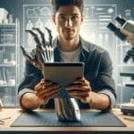 Persona sosteniendo un dispositivo portátil tecnológico sobre una superficie de trabajo, con una prótesis en primer plano, fondo desenfocado estilo laboratorio.