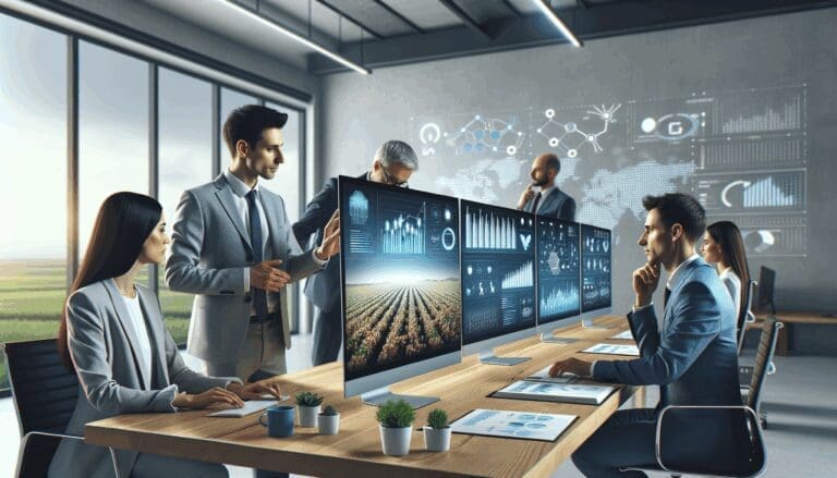Equipo de trabajo tecnológico en oficina moderna revisando datos agrícolas en pantallas digitales