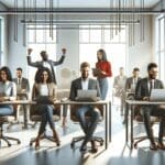 Oficinas modernas con emprendedores trabajando en laptops, ambiente colaborativo y tecnológico.