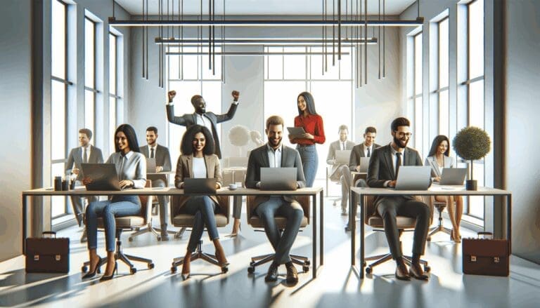 Oficinas modernas con emprendedores trabajando en laptops, ambiente colaborativo y tecnológico.