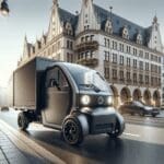 Vehículo eléctrico urbano compacto transportando carga en una ciudad moderna, con fondo de arquitectura europea.