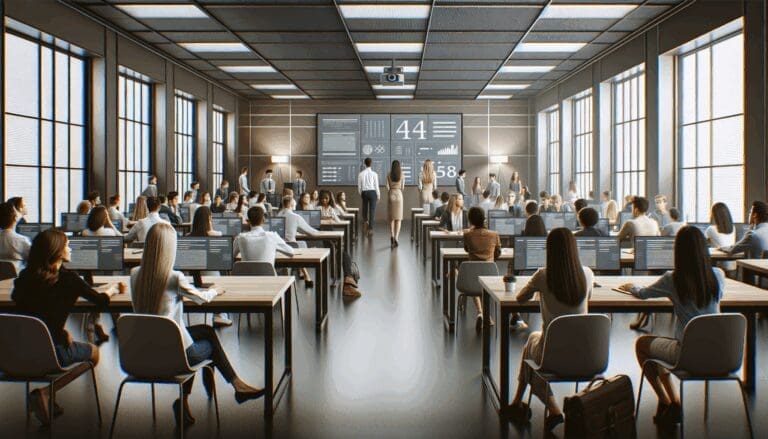 Personas jóvenes aprendiendo en un aula moderna con pantallas digitales y ambiente colaborativo.