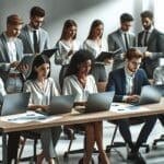 Oficina moderna con jóvenes emprendedores analizando gráficos en laptops, ambiente colaborativo.