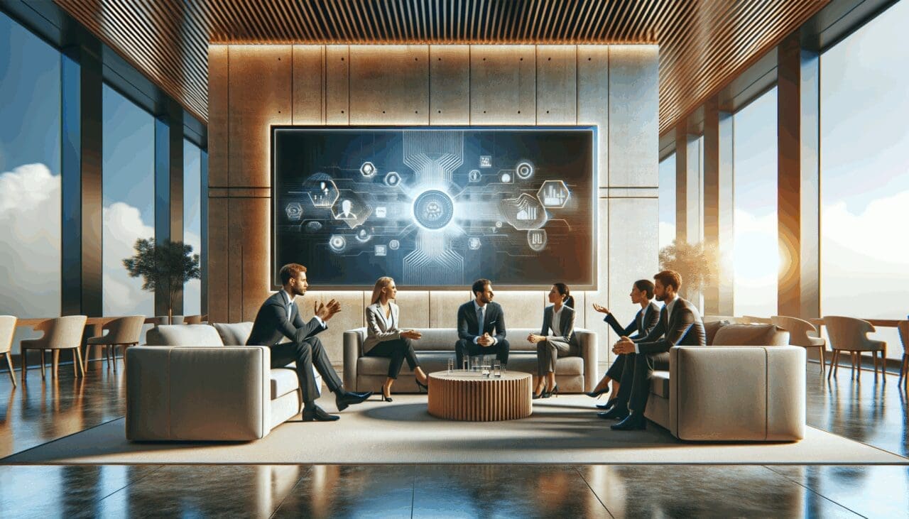 Salón moderno con emprendedores conversando frente a una pantalla digital, ambiente profesional y tecnológico.