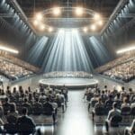 Escenario moderno iluminado dentro de una gran arena con público diverso asistiendo a un evento tecnológico.
