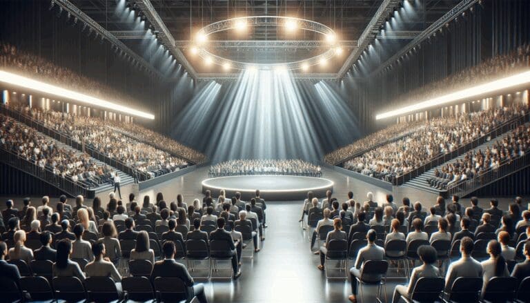 Escenario moderno iluminado dentro de una gran arena con público diverso asistiendo a un evento tecnológico.