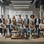 Emprendedores jóvenes presentando proyectos en un moderno espacio de coworking tecnológico.