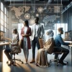 Equipo diverso colaborando en una oficina moderna frente a pantallas con gráficos digitales y elementos de inteligencia artificial.