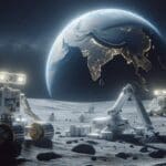 Robots avanzados trabajando en la superficie lunar bajo un cielo oscuro, con la Tierra visible al fondo.