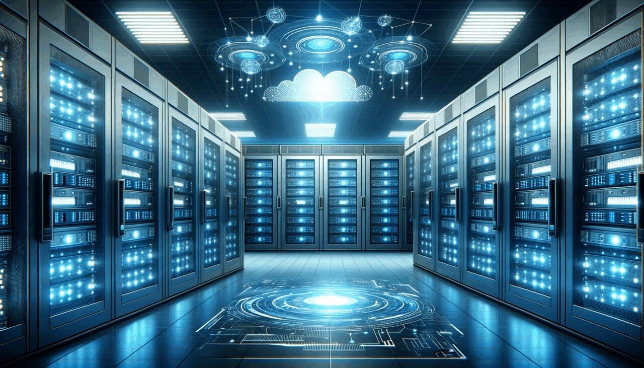 Ilustración de un centro de datos digital con luces azules y servidores futuristas.
