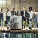 Equipo de jóvenes ingenieros revisando un moderno sistema de purificación de agua en un entorno natural.