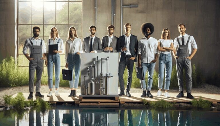 Equipo de jóvenes ingenieros revisando un moderno sistema de purificación de agua en un entorno natural.