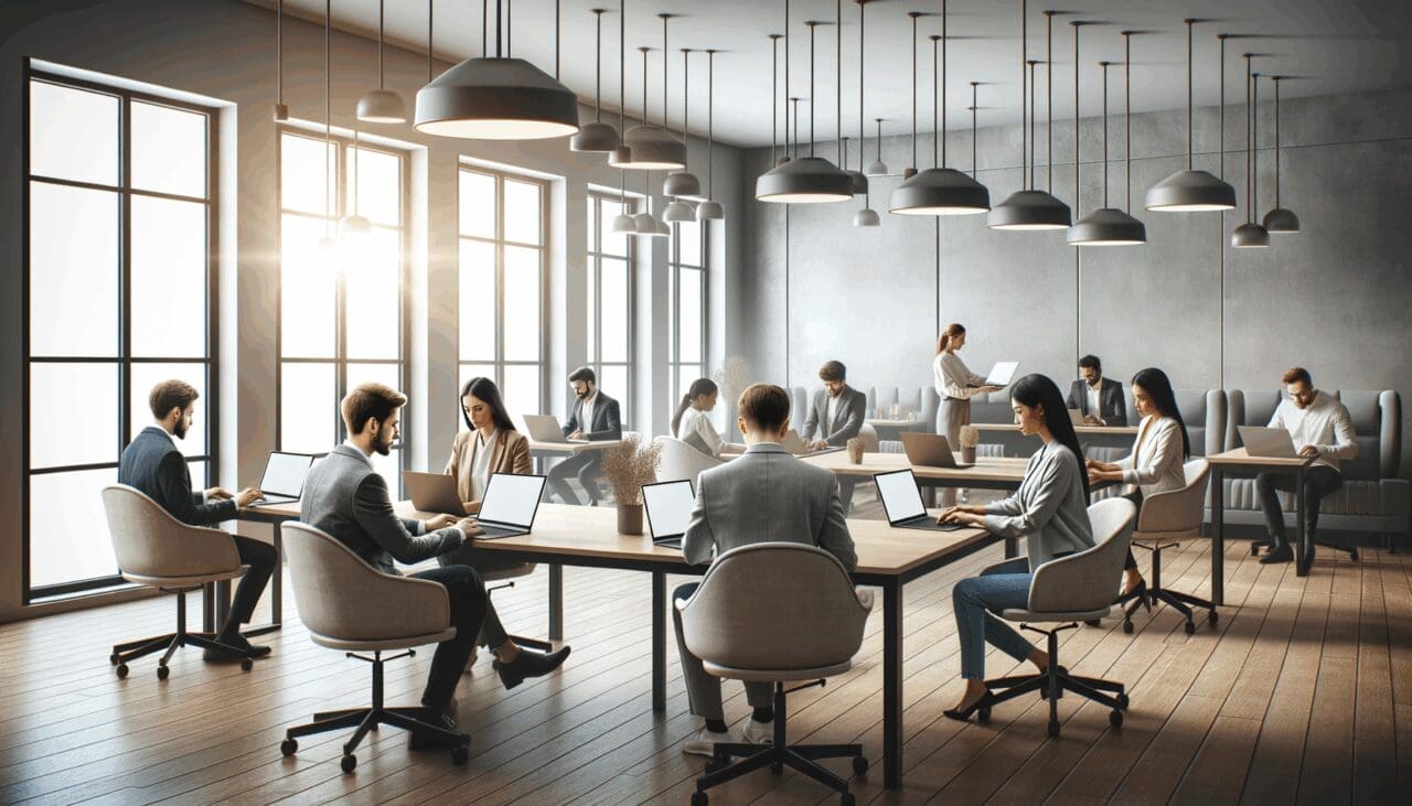 Espacio de coworking moderno con emprendedores trabajando en laptops.