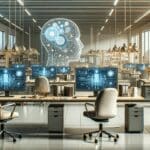 Oficina moderna con equipos diversos colaborando y pantallas mostrando datos de inteligencia artificial.