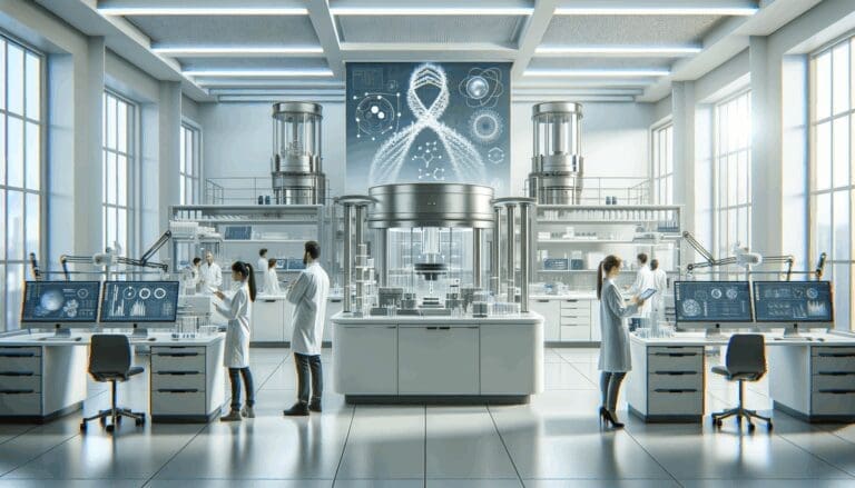 Laboratorio de biotecnología moderno, científicos colaborando frente a equipos de alta tecnología.