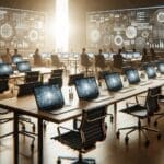 Primer plano de mesas de trabajo colaborativo en una oficina tecnológica moderna, con laptops y pantallas, ambiente dinámico.