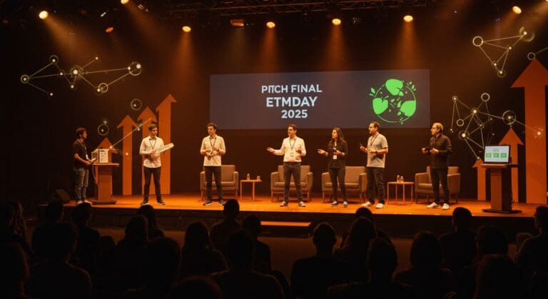 Ocho startups chilenas compitiendo en el Pitch Final de 100+ Labs durante EtMday 2025, destacando innovación sostenible y tecnologías emergentes.