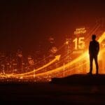 Impacto de Start-Up Chile en el ecosistema startup con emprendedor frente a ciudad digital iluminada en naranja y negro simbolizando innovación y unicornios.