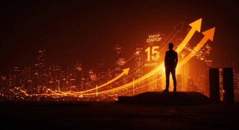 Impacto de Start-Up Chile en el ecosistema startup con emprendedor frente a ciudad digital iluminada en naranja y negro simbolizando innovación y unicornios.