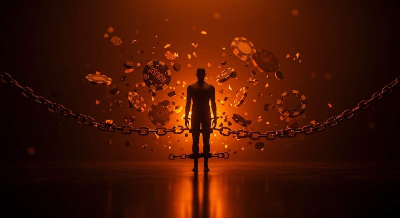 Ilustración de adicción a las apuestas corporativas con cadenas digitales y metáforas tecnológicas en paleta naranja y negra.