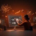 Diseñador creativo utilizando Affinity by Canva con herramientas de diseño y AI en un entorno moderno con colores naranja y negro del ecosistema startup.