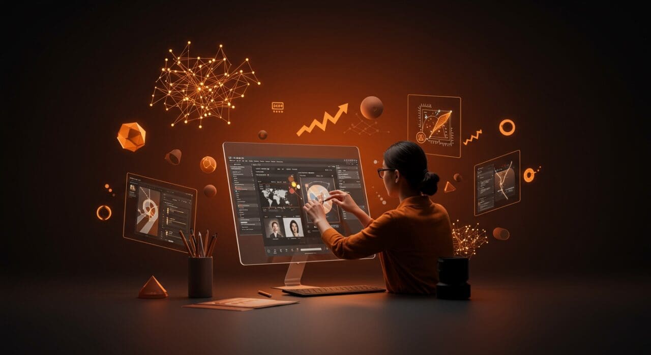 Diseñador creativo utilizando Affinity by Canva con herramientas de diseño y AI en un entorno moderno con colores naranja y negro del ecosistema startup.