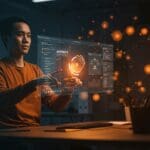 Trabajador de oficina utilizando software de diseño Affinity en un entorno digital iluminado con colores naranja y negro de Ecosistema Startup, simbolizando la innovación en SaaS y estrategias de producto.