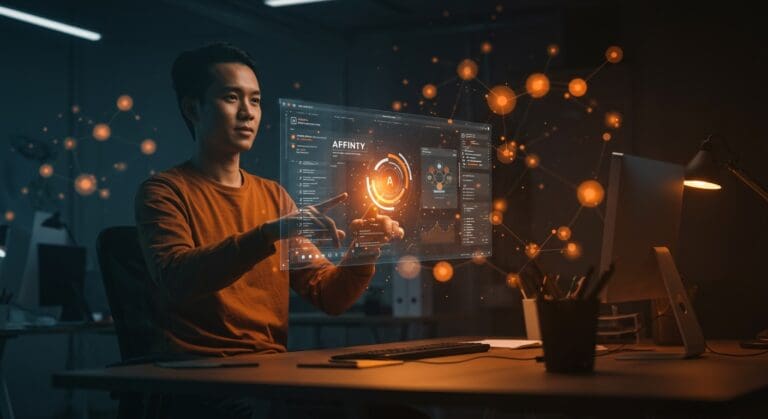 Trabajador de oficina utilizando software de diseño Affinity en un entorno digital iluminado con colores naranja y negro de Ecosistema Startup, simbolizando la innovación en SaaS y estrategias de producto.