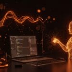 Integración de agentes de inteligencia artificial en Emacs representada con interfaces digitales y redes neuronales en tonos profundos de naranja y negro.