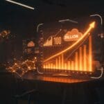 Ingresos trimestrales récord de Alphabet impulsados por inteligencia artificial y tecnología cloud en un entorno empresarial futurista.