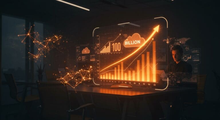 Ingresos trimestrales récord de Alphabet impulsados por inteligencia artificial y tecnología cloud en un entorno empresarial futurista.