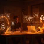 Startups de sostenibilidad colaborando en entorno tecnológico con metáforas visuales de economía circular e innovación climática, tema Amazon Sustainability Accelerator 2025.