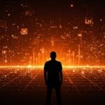 Andrej Karpathy frente a un horizonte digital que simboliza los desafíos técnicos y la distancia hacia la inteligencia artificial general AGI.