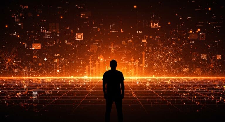 Andrej Karpathy frente a un horizonte digital que simboliza los desafíos técnicos y la distancia hacia la inteligencia artificial general AGI.