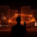 Desarrollador frente a pantallas Android con iconos de verificación y cadenas digitales, ilustrando el impacto de las restricciones de sideloading en el ecosistema de apps.