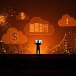 Gastos millonarios en AWS de startups IA reflejados en iconografía digital de nube y finanzas bajo paleta Ecosistema Startup naranja y negro.